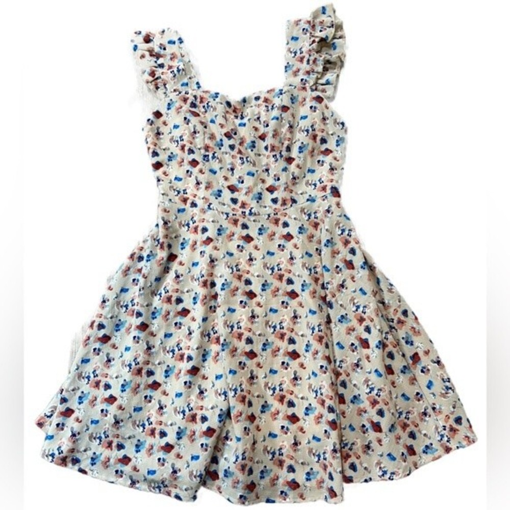 Floral Skater Dress Sleeveless Ruffle Straps Size Small